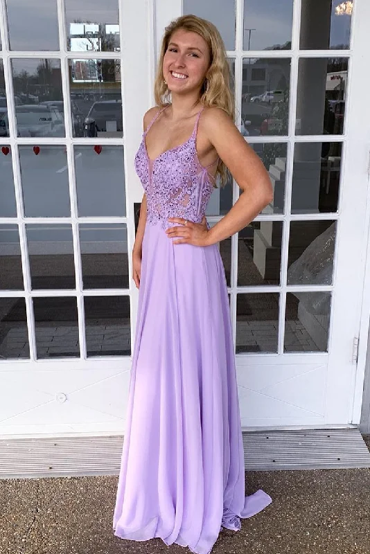 Spaghetti Straps A Line V Neck Backless Prom Dresses