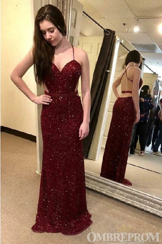 Sparkly Burgundy Prom Dresses Spaghetti Straps Backless Event Dresses