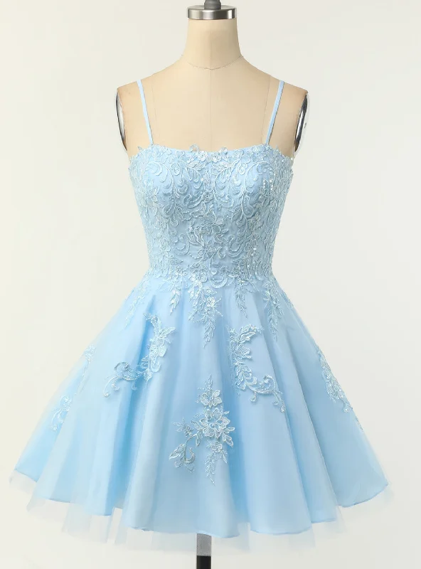 Blue Tulle Appliques Spagehtti Straps Homecoming Dress