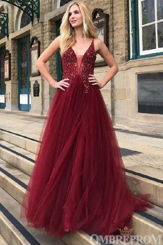 Gorgeous Burgundy V Neck Tulle Backless Prom Dresses with Beading
