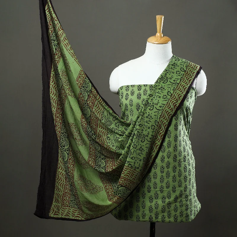 Green - 3pc Natural Dyed Cotton Bagh Print Dress Material 18