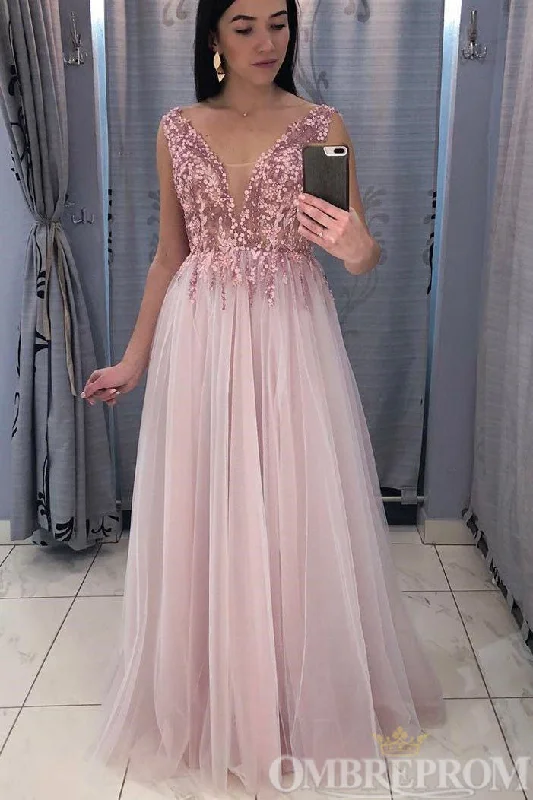 Stunning V Neck Tulle A Line Prom Dresses with Sequins
