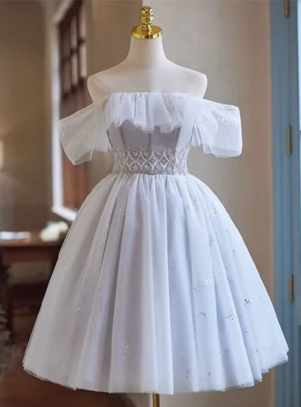 Gray Tulle Off the Shoulder Beading Homecoming Dress