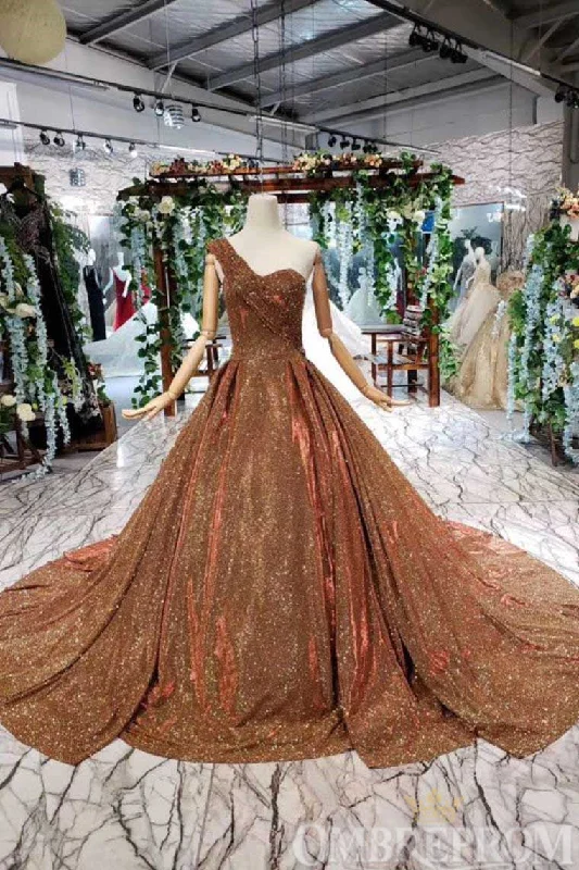 Impressive One Shoulder Long Ball Gowns Prom Dresses with Sequins