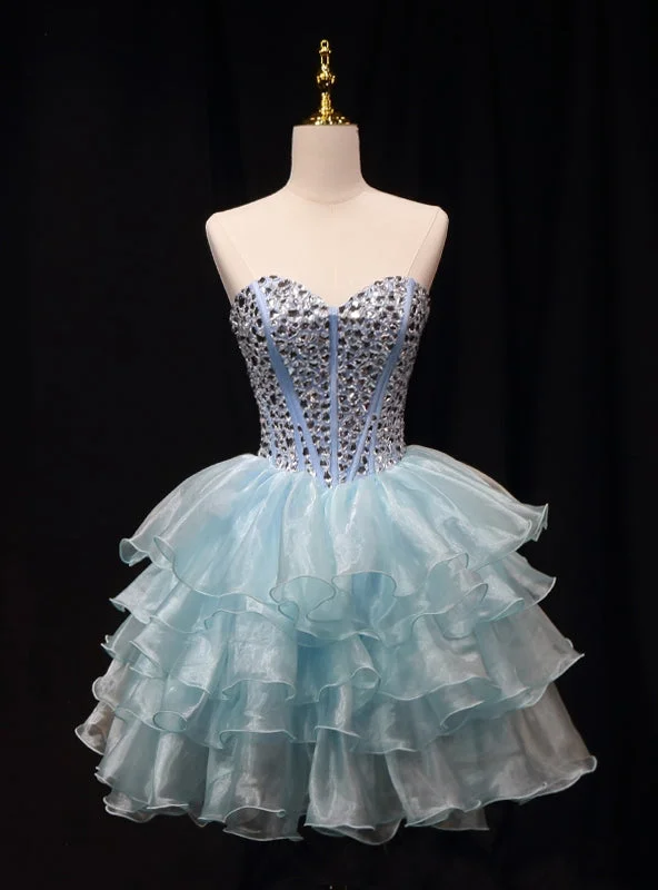 Blue Organza Crystal Homecoming Dress