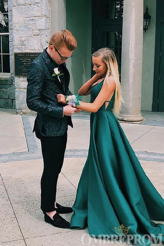 Simple V Neck Dark Green A Line Sleeveless Satin Prom Dresses