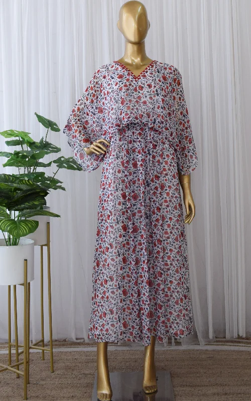 Red & White Floral Printed Georgette Kaftan Dress