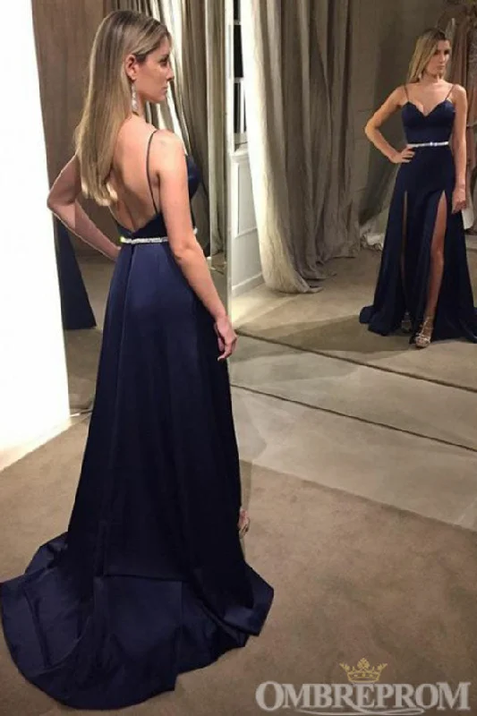 Chic Backless A Line Spaghetti Straps Prom Dresses with Split Side