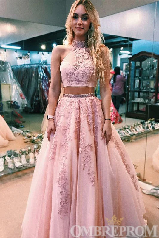 Pink Two Piece Halter Lace Prom Dresses with Beading
