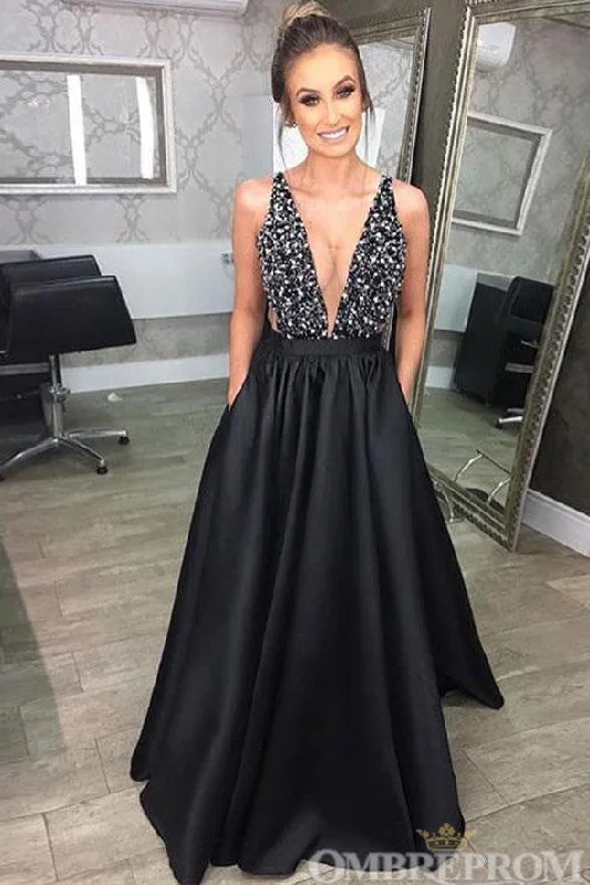 Black Deep V Neck Backless A Line Prom Dresses with Beading