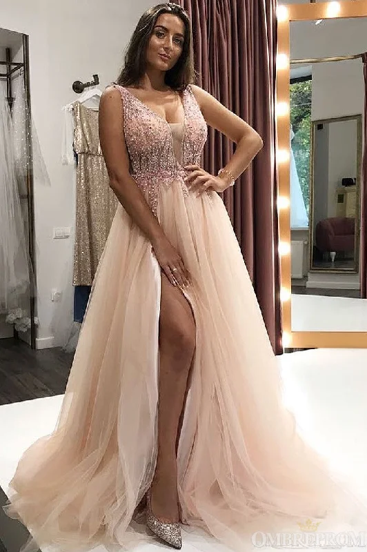 Stunning V Neck Long Tulle Split Side Prom Dresses with Sequins