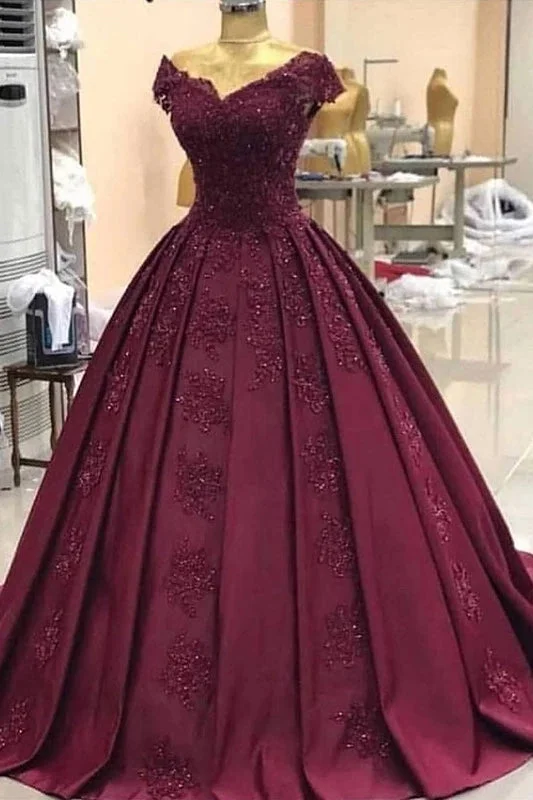 Off-Shoulder Grape Ball Gown Appliques Prom Dresses With Cap Sleeves