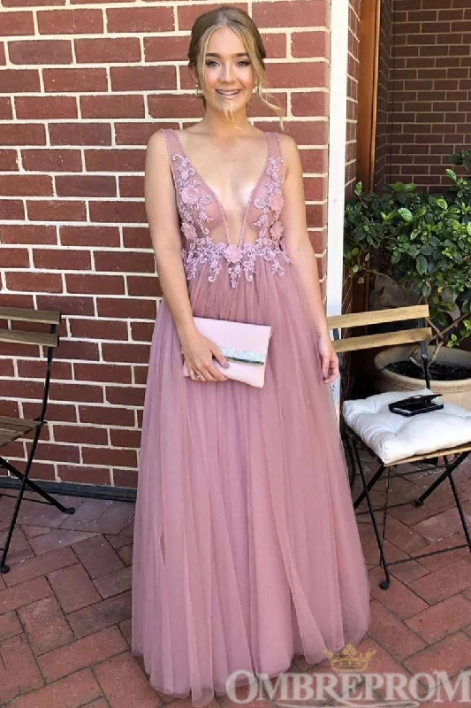 Flossy V Neck Sleeveless A Line Prom Dresses with Appliques