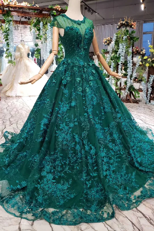 Stunning Round Neck Cap Sleeves Prom Dresses with Appliques