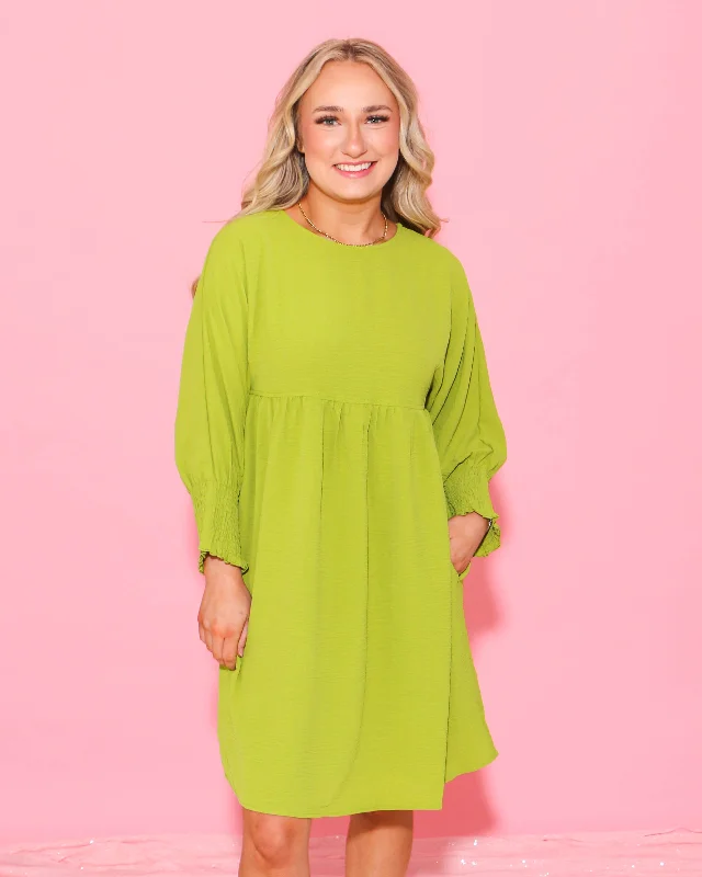 Lime Shirred Sleeve Dress