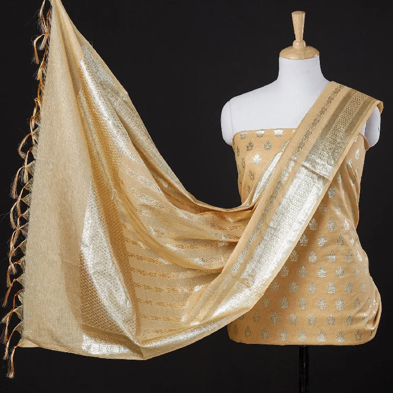 Beige - 3pc Cotton Zari Banarasi Dress Material