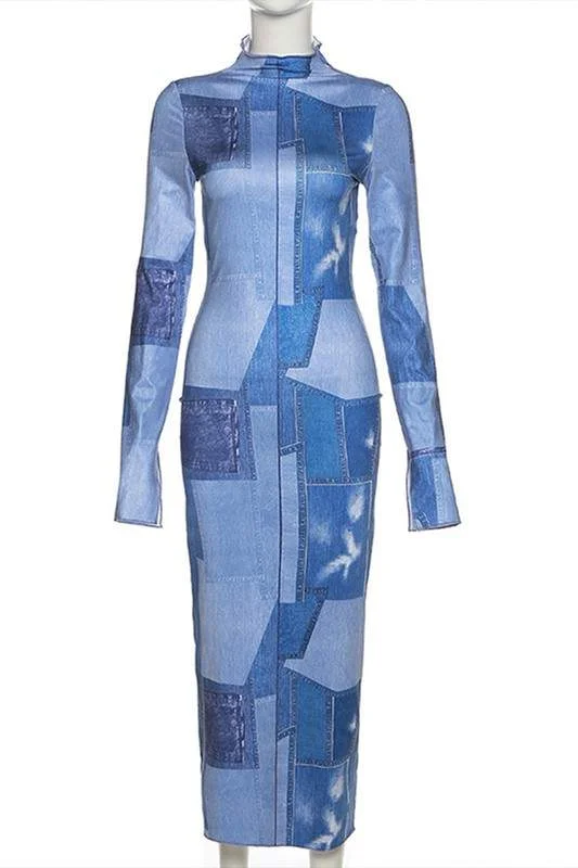 DENIM PRINTED LONG DRESS
