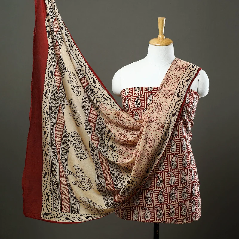 Red - 3pc Natural Dyed Cotton Bagh Print Dress Material 10