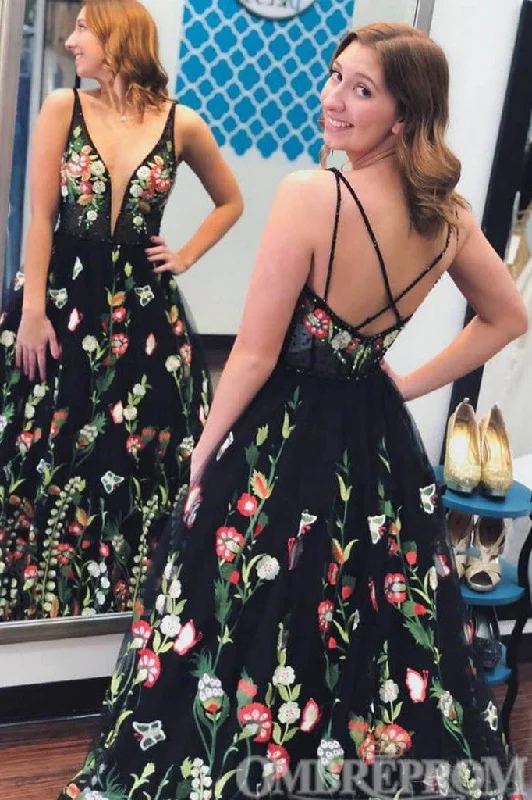 Elegant Spaghetti Straps V Neck A Line Floral Prom Dresses