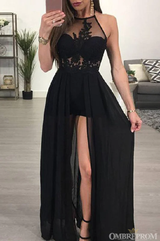 Chic Halter Black Lace Top Chiffon Prom Dresses with Split Side
