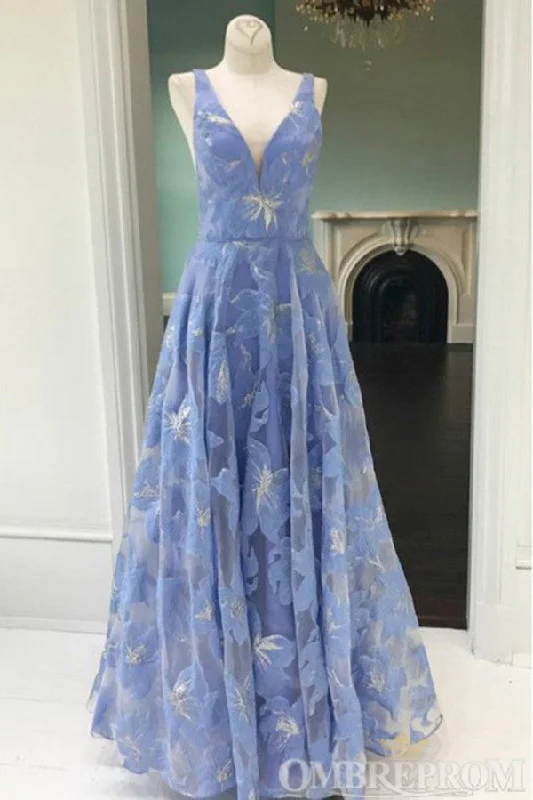 Blue V Neck Prom Dresses A Line Floor Length Long Party Gowns