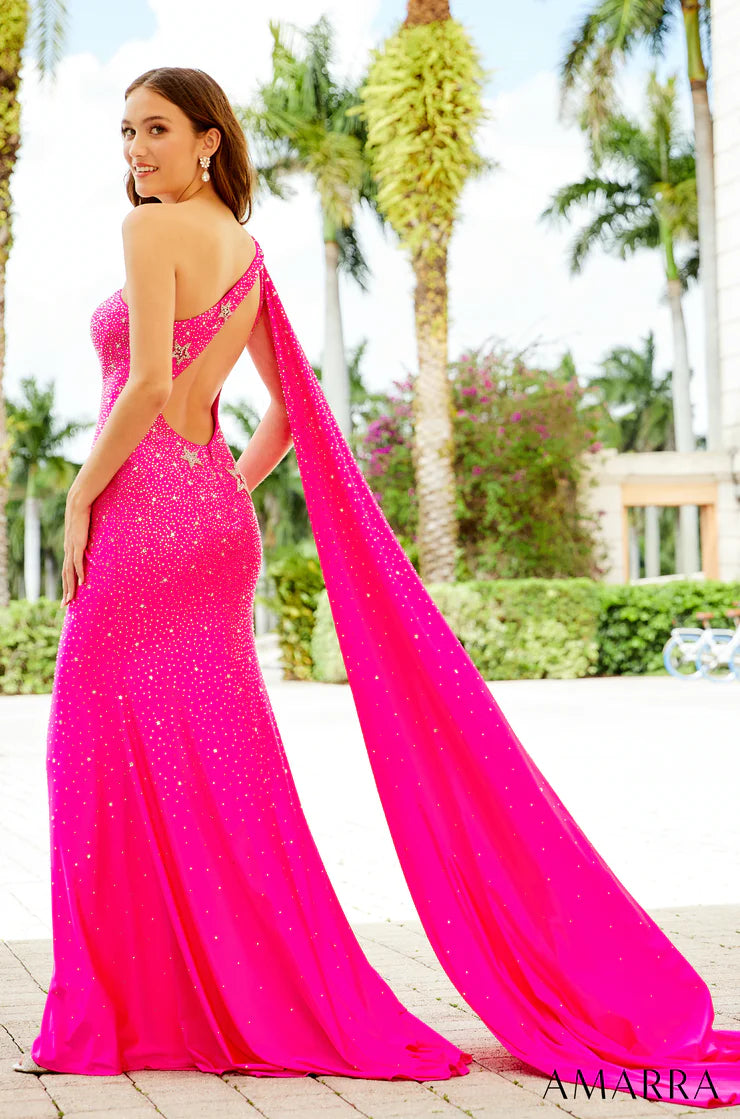Amarra 87153 size 8 Bright Fuchsia Long Fitted one Shoulder Formal Prom Dress Pageant Slit Cape Backless Tunics Running lightweight