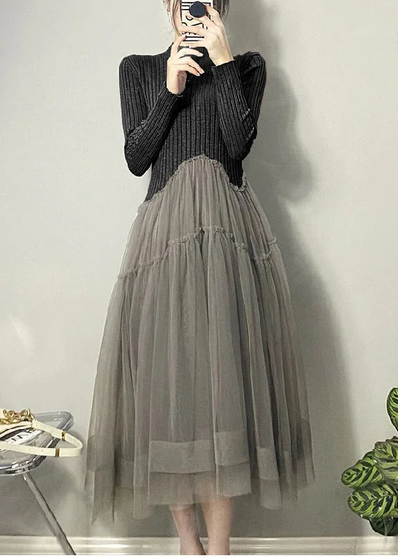 Beautiful Black Asymmetrical Tulle Patchwork Long Dresses Fall Tunics Gym athletic