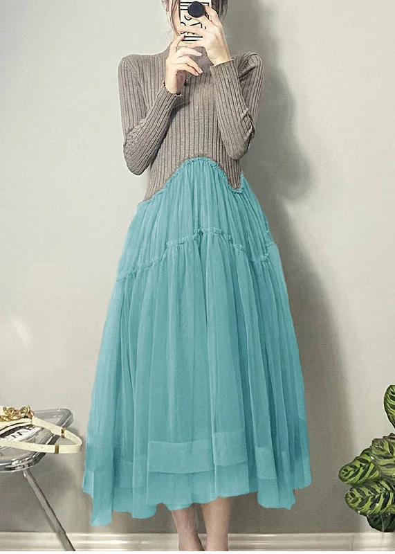 Beautiful Blue Asymmetrical Tulle Patchwork Long Dresses Fall Tunics Occasion special