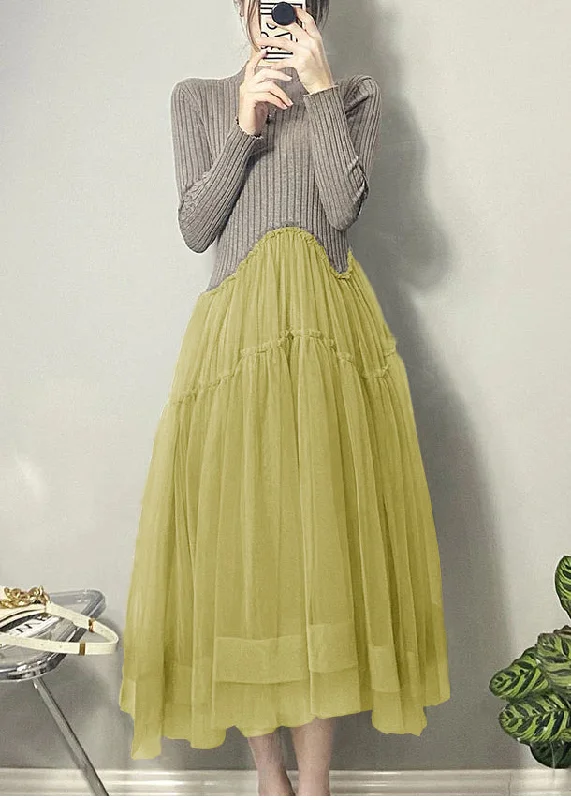 Beautiful Yellow Asymmetrical Tulle Patchwork Long Dresses Fall Tunics Office stylish