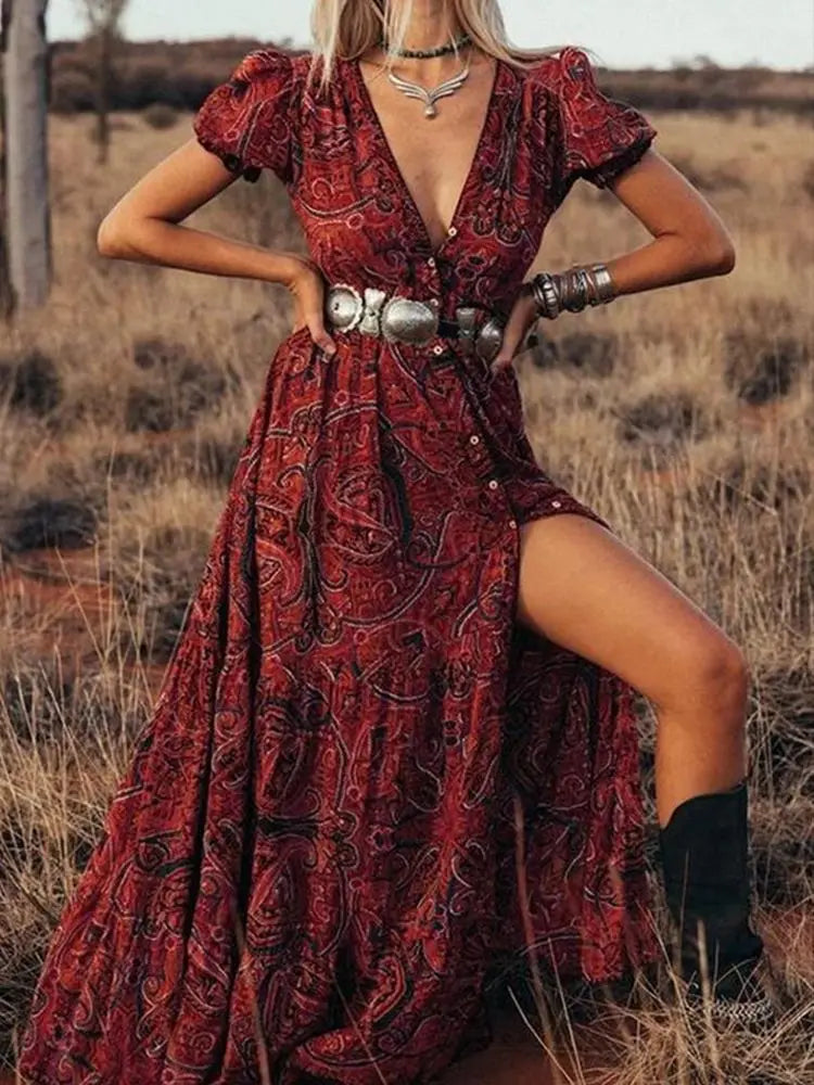 2024 Elegant High-Waist Bohemian Floral Print Maxi Boho Dress Tunics Summer linen