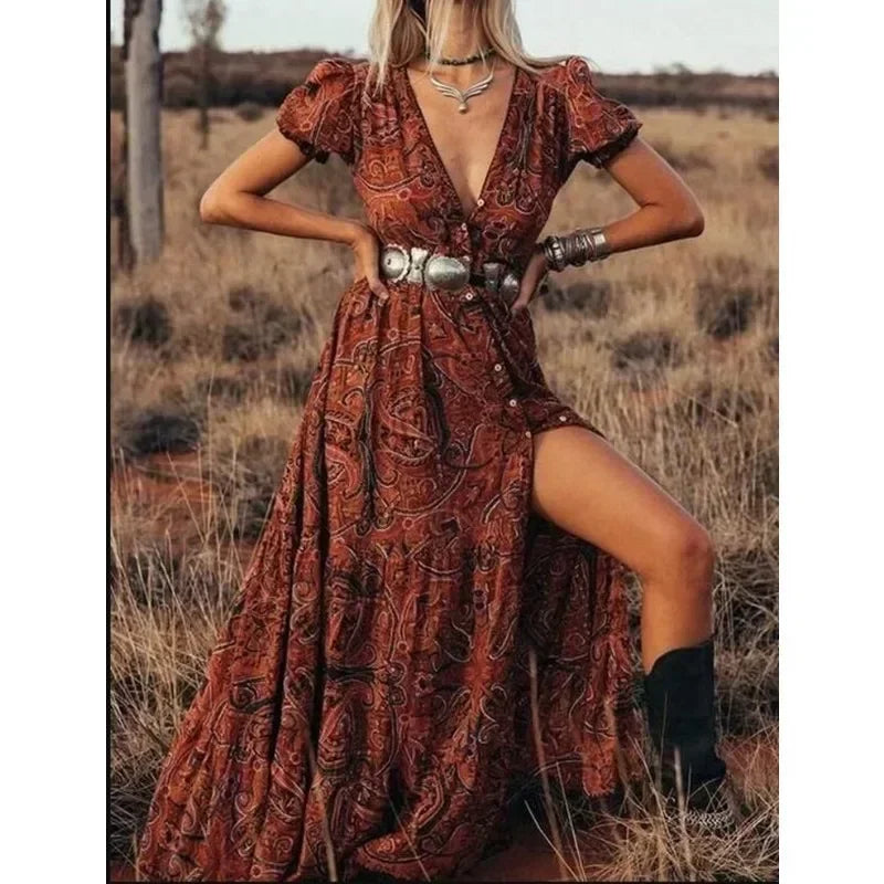 2024 Floral Print Chiffon Three Quarter Sleeve V-neck Boho Long Dress Tunics Spring floral