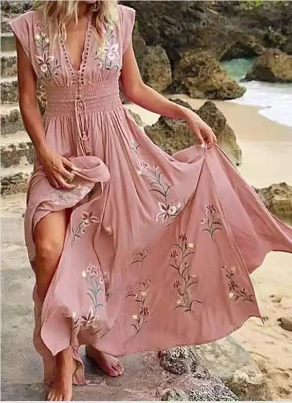 2024 Elegant Boho Floral Print Long Dress V Neck Boho Dress Tunics Party sparkling