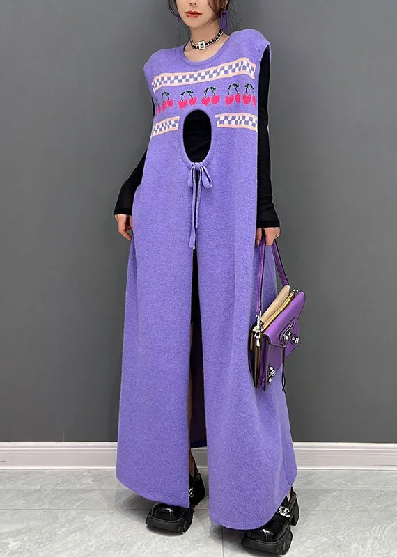 Casual Purple Print Side Open Cashmere Knit Long Dresses Sleeveless Tunics New arrival