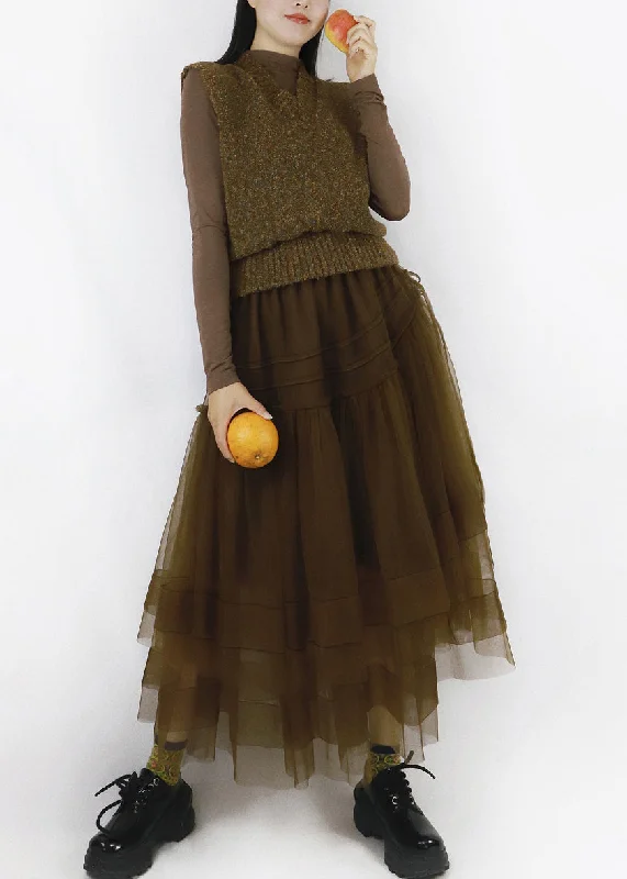 Chocolate V Neck Drawstring Tulle Patchwork Knit Long Dress Fall Tunics Brand named