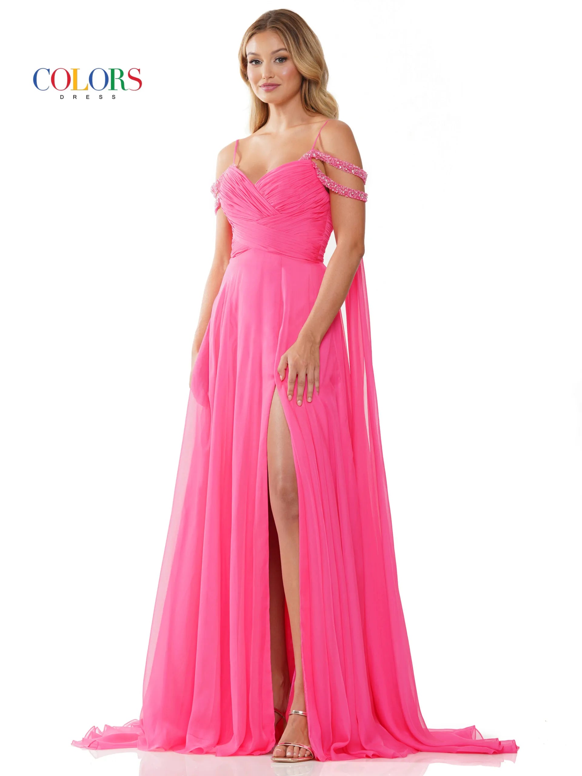 Colors Dress 3101 Size 4 Hot Pink A Line Chiffon Pageant Dress Cape Maxi Slit Prom Gown off the shoulder straps Tunics Silk luxurious