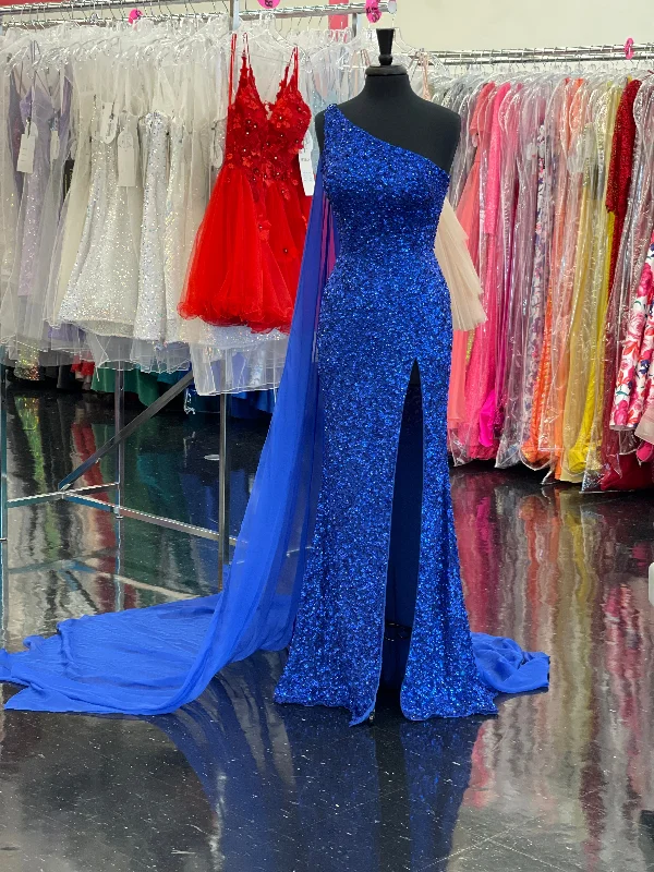 Ashley Lauren 11371 Size 8 Royal One Shoulder Prom Dress fully sequence with shoulder cape Tunics Business professional
