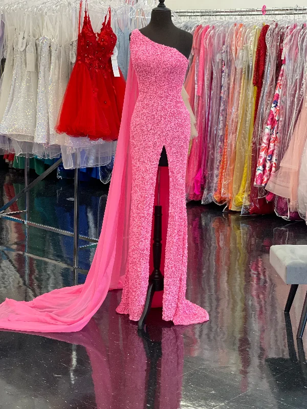 Ashley Lauren 11371 Size 4 Candy Pink One Shoulder Prom Dress fully sequence with shoulder cape Tunics Fall fleece