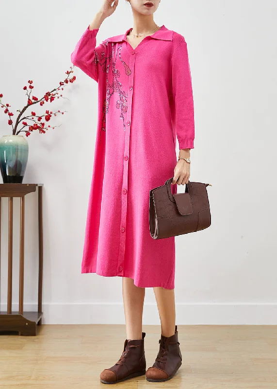 Italian Rose Print Button Down Knit Long Dress Fall Tunics Sophisticated sleek