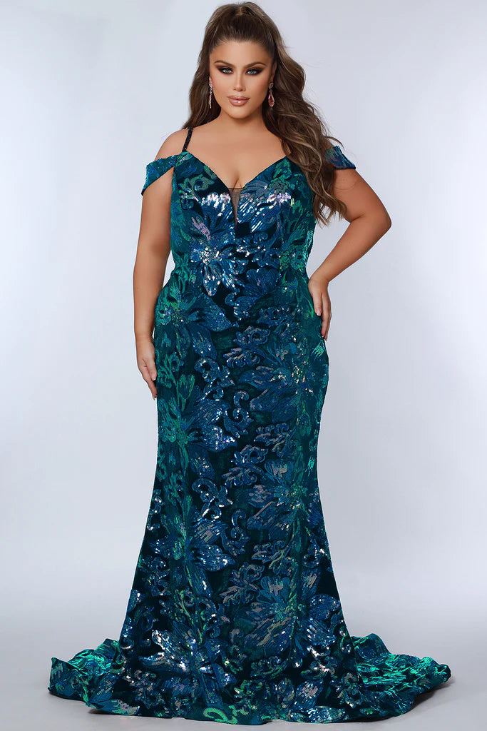 Johnathan Kane For Sydney's Closet JK2302 Slim Fitted Ombre Sequins On Velvet V-Neck Modified Basque Waistline Detachable Drape Sleeves Plus Size Prom Dress Tunics Designer luxury