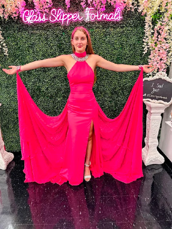 Johnathan Kayne 2617 Size 4 Fuchsia AB Long slit formal dress Crystal Cuff Cape Pageant Gown Formal Wear Tunics Yoga stretchy