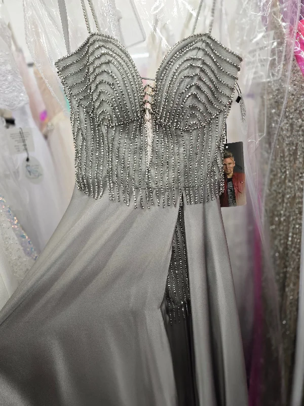 Johnathan Kayne 2748 Size 4 Silver Plunging fringe sequin open  v neck sequin maxi slit long dress Tunics Distressed trendy