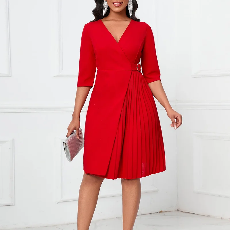 NiDELL D431 Amazon . Autumn and Winter New V-neck Fashion Waist-Controlled Solid Color Pleated Half Sleeve Large Size Foreign Trade Dress Tunics Seasonal trendy