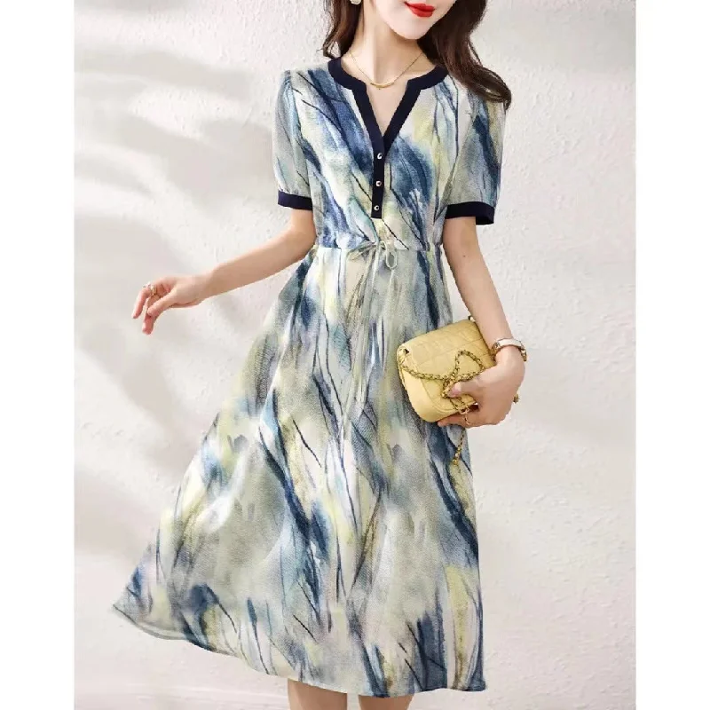 NiDELL European Station Advanced French Art Printed Dress . Summer New Temperament Waist-Controlled Slimming V-neck A- line Skirt Tunics Polka dots