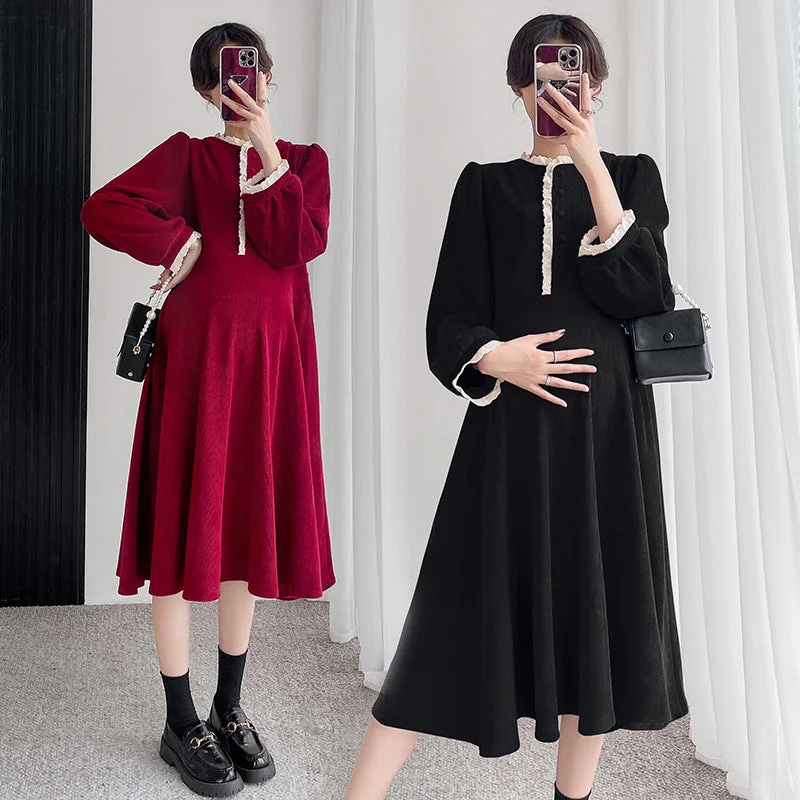 NiDELL . Maternity Dress Long Sleeve Lace Dress Loose Large Size Trendy Mom round Neck Temperament Long Dress for Pregant Women Crew Neckline Sporty