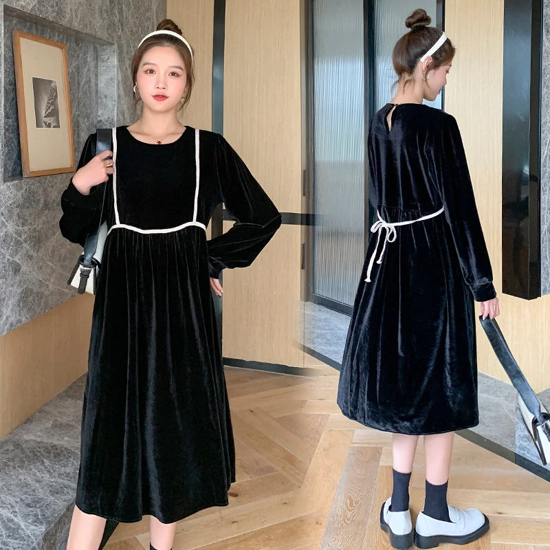 NiDELL Maternity Dress . Spring Fashionable All-Match Gold Velvet Long Dress Loose False Two Pieces Maternity Dress Tunics Solid Classic