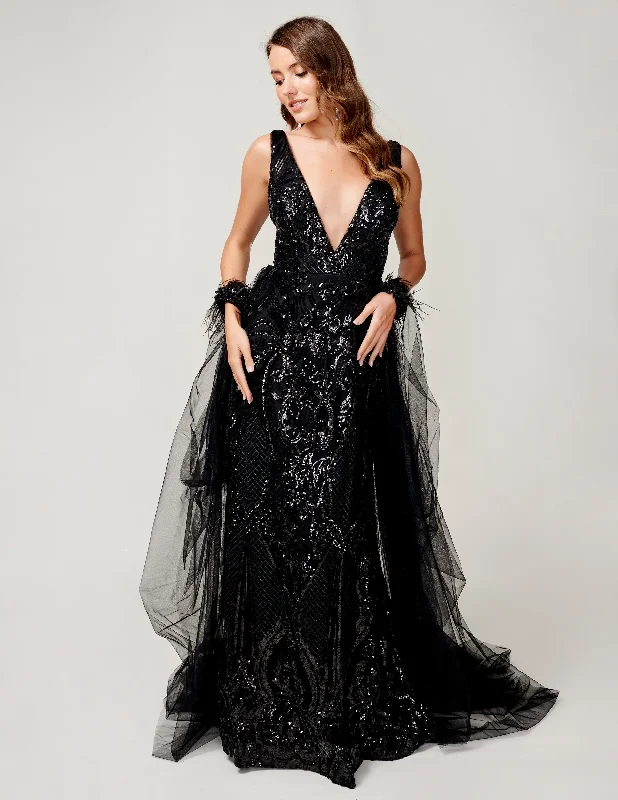 Nina Canacci 8224 Size 8 Black Sequin Pageant Dress Feather Cuff Overskirt Cape Gown Fitted V Neck Tunics Canvas sturdy