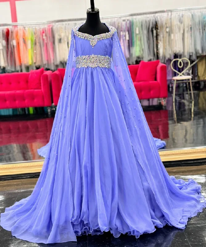 Samantha Blake 1023 Size 8 Periwinkle Girls Long Cape Sleeve Pageant Dress Crystal Cut Out A Line Chiffon Tunics Fleece cozy