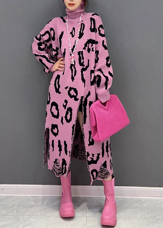 Style Pink Leopard Hign Neck Side Open Knit Long Dress Fall Tunics Cozy soft