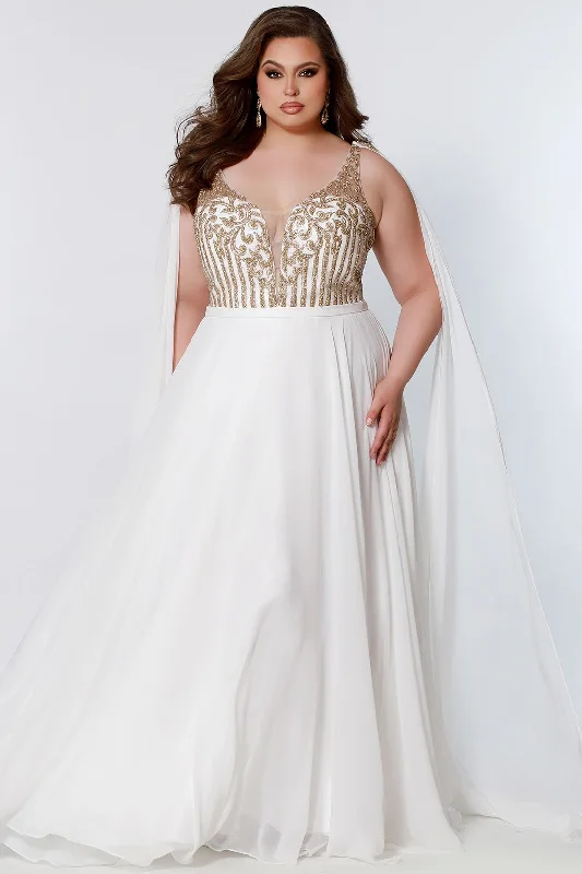 Sydney's Closet SC7331 Size 16 Ivory Gold Long Pageant Gown Cape Plus Size Prom Dress Square Neckline Feminine