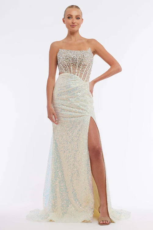 Vienna Prom 8885 Size 4 Yellow Sheer Crystal Corset Sequin Prom Dress Slit Pageant Gown Ruched Waist Tunics Corduroy durable